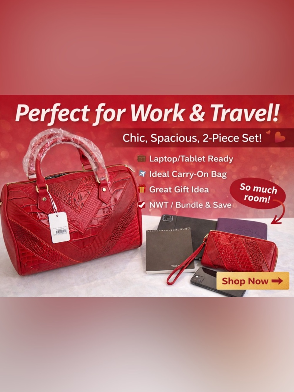 Red Croc Embossed Satchel Travel & Work Tote 👜Handbag + Wallet